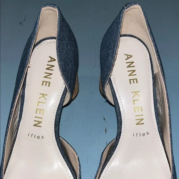Anne Klein Iflex Women’s 8.5 Pointy Toe Denim Blue Cork Heels - Picture 7 of 10